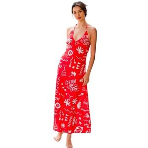 Paper Heart Mexico rayon linen maxi dress key hole halter neck red & white